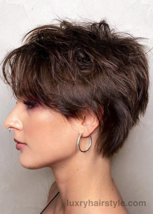 Disheveled Brunette Pixie with Bangs For Thick Hair