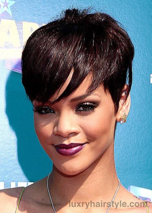 Rihanna short hair Pixie with Tapered Sides and Bangs